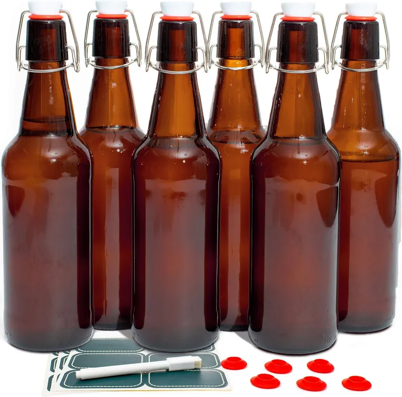 Otis Classic Swing Top Glass Bottles, 16 oz, Set of 6 – Amber, Ceramic Caps — image 1