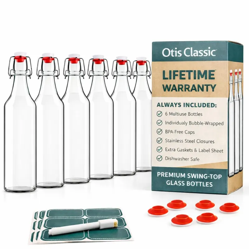 Otis Classic Swing Top Glass Bottles, 16 oz, Set of 6 – Clear, Plastic Caps