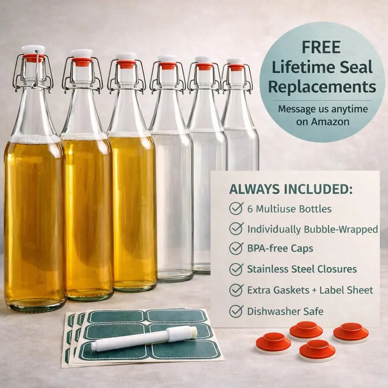 Otis Classic Swing Top Glass Bottles, 16 oz, Set of 6 – Clear, Plastic Caps — image 3
