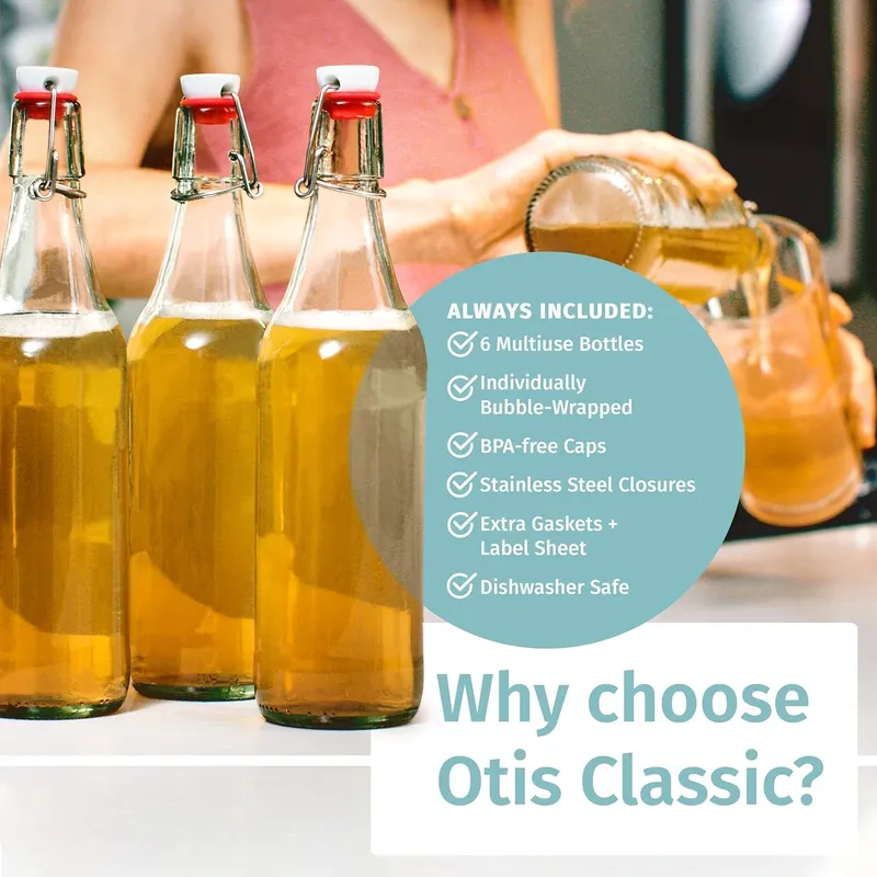 Otis Classic Swing Top Glass Bottles, 16 oz, Set of 6 – Clear, Plastic Caps — image 4